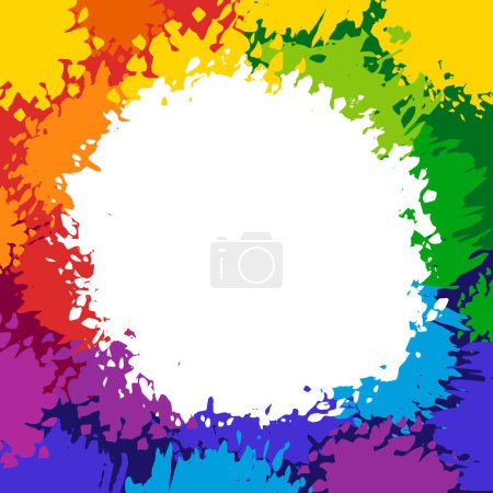 Illustration for Colorful frame with round empty place for text. Abstract background with painted rainbow splashes. Bright color spray paints explosion. Vector creative design template for Holi festival poster banner - Royalty Free Image