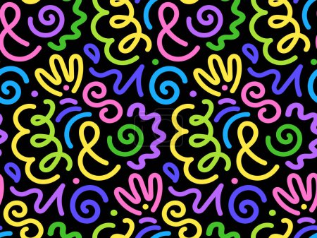 Colorful line doodle seamless pattern. Simple hand drawn scribbles on black background. Vector illustration in trendy minimalist style.