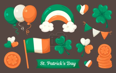 St. Patrick's Day set of stickers on brown background. Isolated vector design elements. Irish flag, heart, rainbow, balloons, clover and coin stickers in the colors of Irish flag
