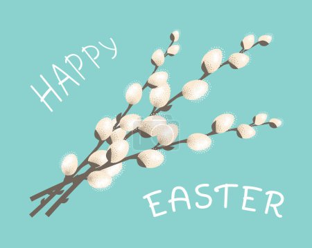 Ramitas de primavera flor de sauce. Feliz tarjeta de felicitación de Pascua. Ilustración vectorial en estilo plano sobre fondo azul.