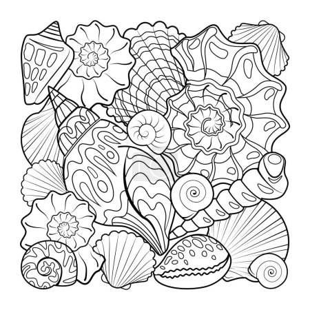 Illustration for Seashells coloring book page for adult. Hand drawn artwork. Shells background of isolated elements. Black and white vector illustration - Royalty Free Image