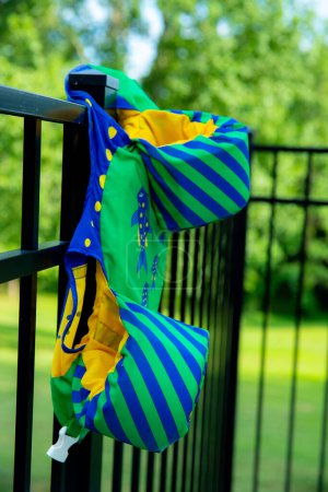 Photo for Vibrant green and blue pool floatie hanging on a fence to air dry - Royalty Free Image
