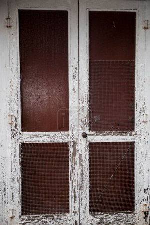 brown and white rustic door with chicken wire, mesh as a screen