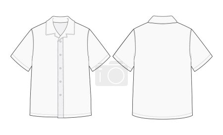 Téléchargez les illustrations : Modèle de croquis de mode de chemise à bouton à manches courtes - en licence libre de droit