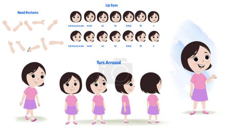 Ilustración de Set of cute girl character design. Character Model sheet. Front, side, back view animated character. Business girl character creation set with various views, poses and gestures. Cartoon style, flat vector isolated - Imagen libre de derechos