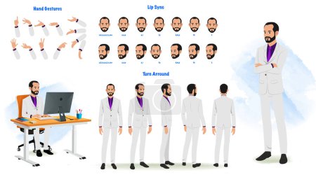 Ilustración de Set of Business man character design. Character Model sheet. Front, side, back view animated character. Business man character creation set with various views, poses and gestures. Cartoon style, flat vector isolated - Imagen libre de derechos