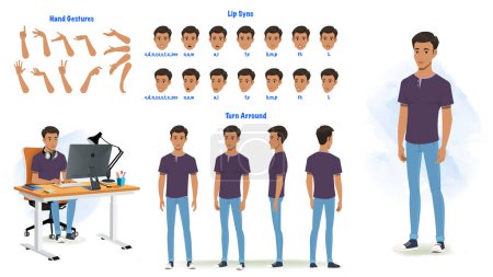 Illustration for Set of man character design. Character Model sheet. Front, side, back view animated character. Man character creation set with various views, poses and gestures. Cartoon style, flat vector isolated - Royalty Free Image