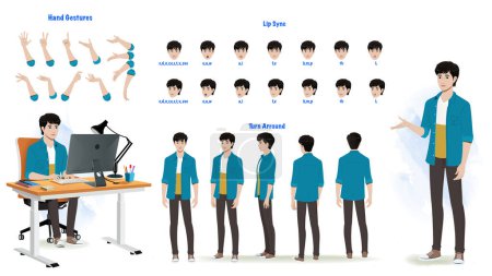 Set of man character design. Character Model sheet. Front, side, back view animated character. Man character creation set with various views, poses and gestures. Cartoon style, flat vector isolated