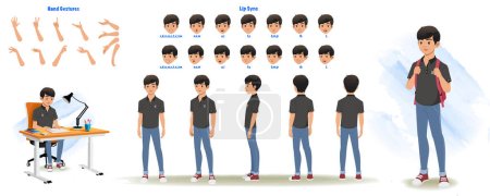 Ilustración de Set of school boy character design. Character Model sheet. Front, side, back view animated character. Student character creation set with various views, poses and gestures. Cartoon style, flat vector isolated - Imagen libre de derechos