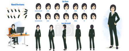 Illustration for Set of Business woman character design. Character Model sheet. Front, side, back view animated character. Business girl character creation set with various views, poses and gestures. Cartoon style, flat vector isolated - Royalty Free Image