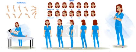 Illustration for Set of nurse character design. Character Model sheet. Front, side, back view animated character. Nurse character creation set with various views, poses and gestures. Cartoon style, flat vector isolated - Royalty Free Image