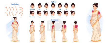 Téléchargez les illustrations : Set of Indian woman character design. Character Model sheet. Front, side, back view animated character. Indian girl character creation set with various views, poses and gestures. Cartoon style, flat vector isolated - en licence libre de droit