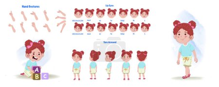 Téléchargez les illustrations : Set of little girl character design. Character Model sheet. Front, side, back view animated character. Little girl character creation set with various views, poses and gestures. Cartoon style, flat vector isolated - en licence libre de droit