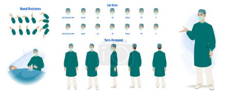 Illustration for Set of surgeon character design. Character Model sheet. Front, side, back view animated character. Male surgeon character creation set with various views, poses and gestures. Cartoon style, flat vector isolated - Royalty Free Image
