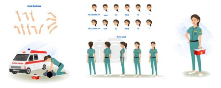 Illustration for Set of paramedic character design. Character Model sheet. Front, side, back view animated character. Female paramedic character creation set with various views, poses and gestures. Cartoon style, flat vector isolated - Royalty Free Image