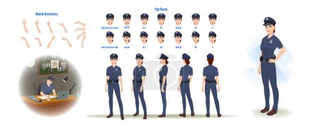 Illustration for Set of police, cop design. Character Model sheet. Front, side, back view animated character. Policewoman character creation set with various views, poses and gestures. Cartoon style, flat vector isolated - Royalty Free Image