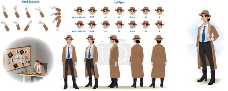 Illustration for Set of male detective design. Character Model sheet. Front, side, back view animated character. Investigator character creation set with various views, poses and gestures. Cartoon style, flat vector isolated - Royalty Free Image