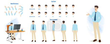 Set of Businessman character design. Character Model sheet. Front, side, back view animated character. Businessman character creation set with various views, poses and gestures. Cartoon style, flat vector isolated
