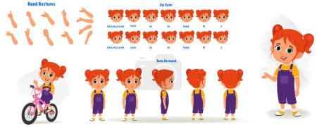 Illustration for Set of cute girl character design. Character Model sheet. Front, side, back view animated character. Cute girl character creation set with various views, poses and gestures. Cartoon style, flat vector isolated - Royalty Free Image