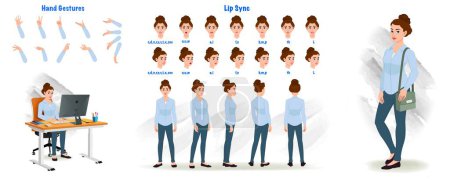 Set of Business woman character design. Character Model sheet. Front, side, back view animated character. Business girl character creation set with various views, poses and gestures. Cartoon style, flat vector isolated