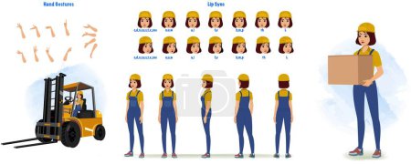 Illustration for Handywoman Character Model sheet or creation set. character design. Front, side, back view animated character. Builder character creation set with various views, face emotions,poses and gestures. - Royalty Free Image