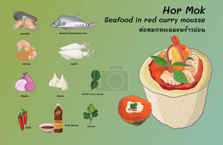 Téléchargez les illustrations : Mousse de curry rouge à la noix de coco Hor Mok Thai Food Moules de fruits de mer crevettes calmar au curry rouge - en licence libre de droit
