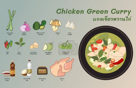 Téléchargez les illustrations : Curry de poulet vert et ingrédients tradition thaïlandaise - en licence libre de droit