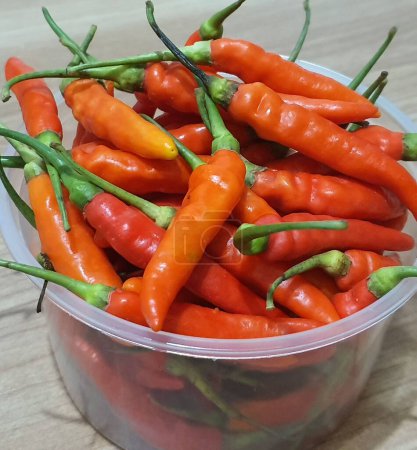 Bird's Eye Chili or Cabai Rawit on plastic bowl. It is one of the hottest chili around the world. Indonesian use this chili in many kind of cuisines
