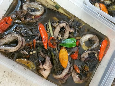 Indonesian traditional street food named tumis cumi hitam sauteed small black squids with spices served on plate isolated on gray background