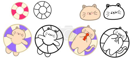 Ilustración de Conjunto de lindo gato icono de dibujos animados aislado sobre fondo blanco. vector de diseño - Gato personaje que disfruta de la natación - un gato come peces - Imagen libre de derechos