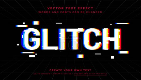 Téléchargez les illustrations : Effet texte Glitch modifiable par vecteur. Écran pailleté typographie style graphique sur fond noir - en licence libre de droit