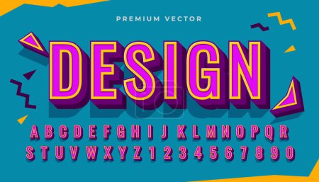 Vector 3D Retro-Alphabete Typografie. Schattierter lila gelber Text auf weichem blauen abstrakten Hintergrund