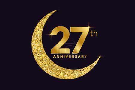 Illustration for Twenty Seven Years Anniversary Celebration Golden Emblem in Black Background. Number 27 Luxury Style Banner Isolated Vector. - Royalty Free Image