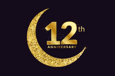 Twelve Years Anniversary Celebration Golden Emblem in Black Background. Number 12 Luxury Style Banner Isolated Vector.
