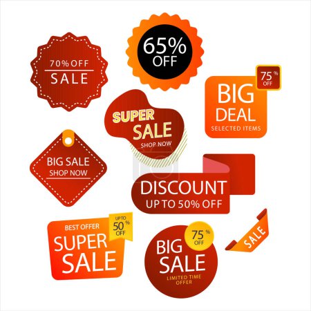 Ilustración de Super Sale Big Deal Artículos seleccionados Mejor oferta Descuento de gran venta Compra ahora Oferta por tiempo limitado Insignias y emblemas Vector plano - Imagen libre de derechos