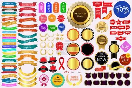 Illustration for Sales and Promotional Badges Premium Quality Best Choice Golden Labels Colorful Ribbon Set Design Elements Huge Collection Flat Vector - Royalty Free Image