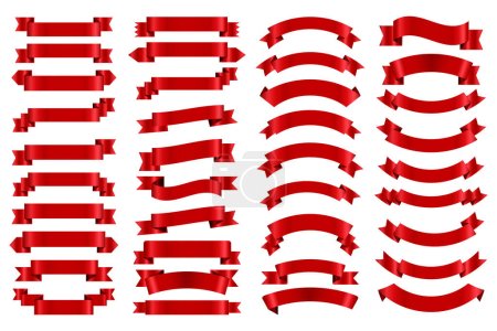 Téléchargez les illustrations : Ruban rouge Collection Flat Vector. Ensemble de bannières à ruban ondulé vectoriel. - en licence libre de droit