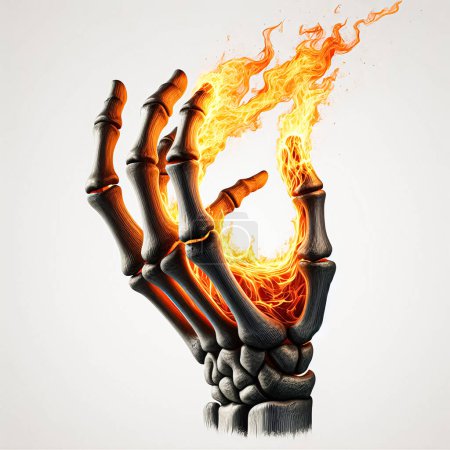 Umarmen Sie das Inferno mit unserer Skelett-Hand mit Feuer High-Quality Illustration. Dieses fesselnde Kunstwerk zeigt eine skelettierte Hand, die in Flammen aufgeht und Vorstellungen von Intensität und Mystik hervorruft. Perfekt für thematische Designs, Halloween-Visuals oder Kreati