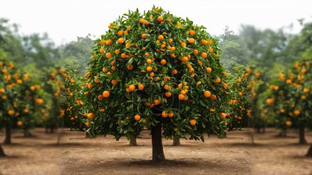 Orangenbaum umgeben von verschwommenen Orangenbäumen