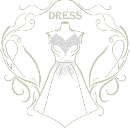 Téléchargez les illustrations : Le modèle de logo "Dress Modern" est un design élégant et élégant qui serait parfait pour une marque de mode ou de vêtements. Le logo présente un contour de robe simple et élégant en noir, avec une police moderne et audacieuse pour le nom de la marque. - en licence libre de droit