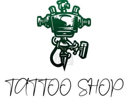 Téléchargez les illustrations : Ce modèle de logo de magasin de tatouage est le choix parfait pour votre entreprise de salon de tatouage. Le design dispose d'un logo unique et créatif avec une machine à tatouer rotative et une aiguille de tatouage. - en licence libre de droit
