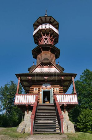 Photo for Jurkovic lookout tower. Watchtower located in Wallachian Open Air Museum, Roznov pod Radhostem city. Popular touristic point of the region. - Royalty Free Image
