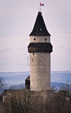 Stone tower of medieval castle Stramberska Truba from 13st century. Stramberk village, Czech republic.