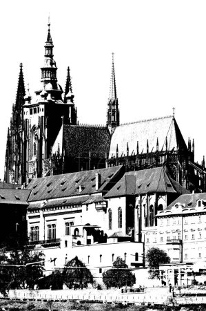 Château de Prague - point de repère de la capitale de la République tchèque. Siège du président tchèque. Centre historique de Prague. Montage noir et blanc.