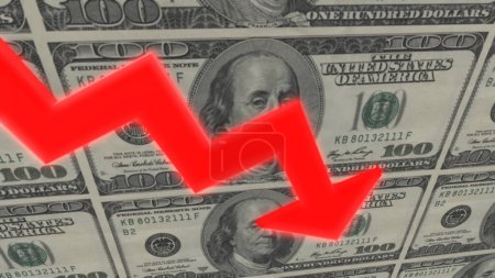 Foto de Ilustración 3D del colapso del mercado monetario El mercado financiero está colapsando Flecha roja - Imagen libre de derechos