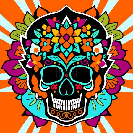 Illustration for Colorful skull decorated all around with flowers. Vector Illustration - Royalty Free Image