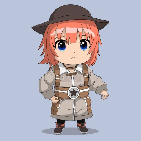 Foto de Personajes de Kawaii chibi anime boy. Caricatura de anime con pelo rojo y sombrero - Imagen libre de derechos