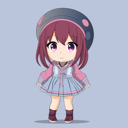 Chibi Anime Cute Cartoon Kawaii with dark red hair and purple eyes