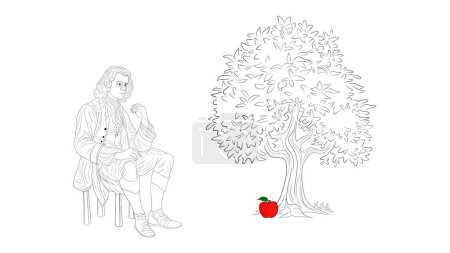 Isaac Newton idea ley universal, caída de manzano rojo abajo. Bajen las etapas, línea de tiempo. Experimento de peso y masa, inercia, gravedad, manzana que cae