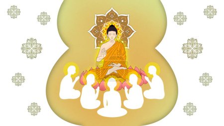 Sermon du Seigneur de Bouddha à cinq ascètes et a été illuminé devenir le premier moine du bouddhisme, dessin de la silhouette, Le Bouddha prêché son premier sermon aux cinq moines, bouddha délivrant des enseignements